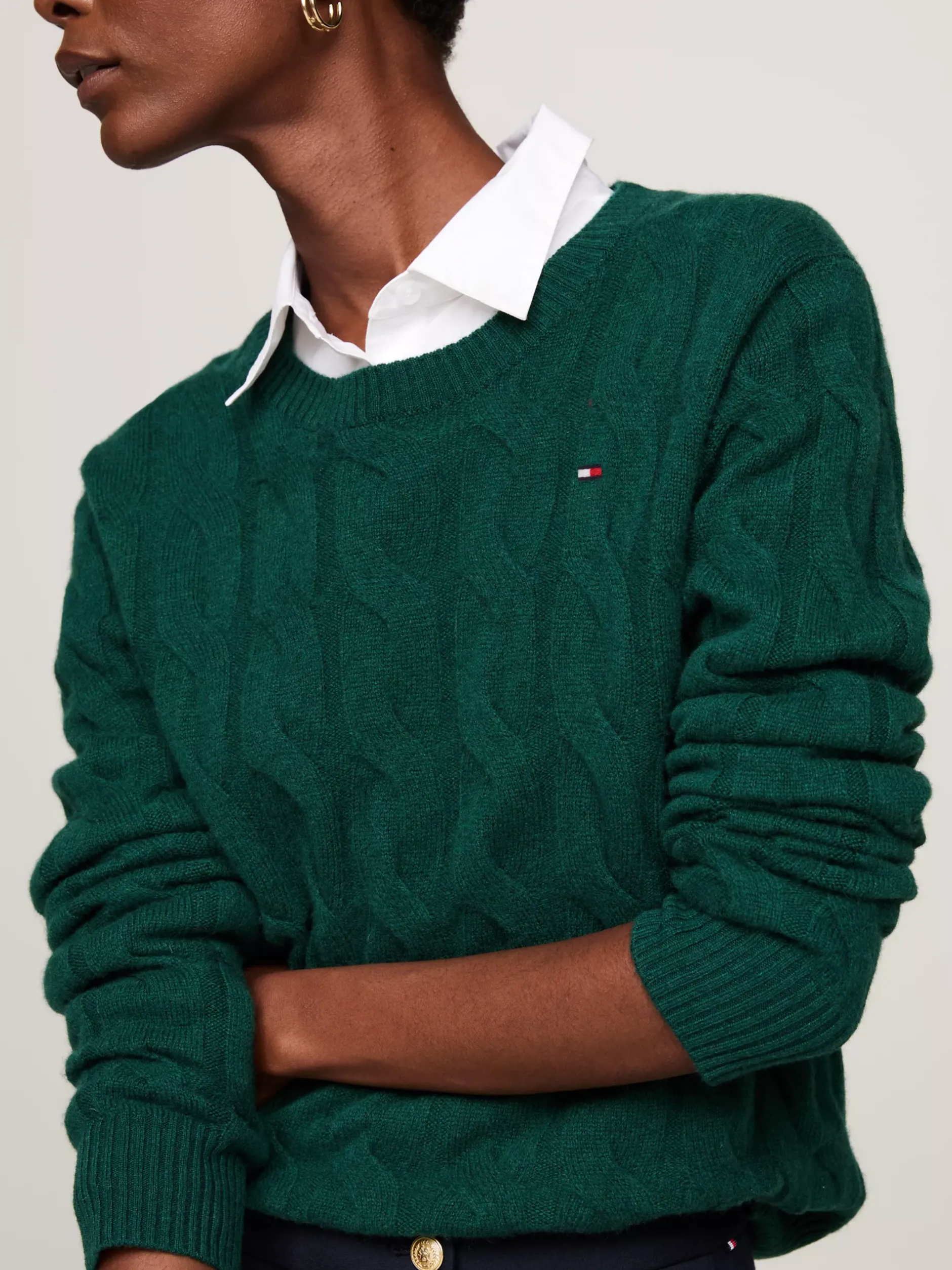 Swetry Z Okrągłym Dekoltem|Swetry*Tommy Hilfiger Wełniany Sweter Z Warkoczowym Splotem ORNAMENTAL GREEN