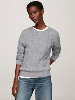 Swetry Z Okrągłym Dekoltem|Swetry*Tommy Hilfiger Wełniany Sweter Z Warkoczowym Splotem MEDIUM HEATHER GREY