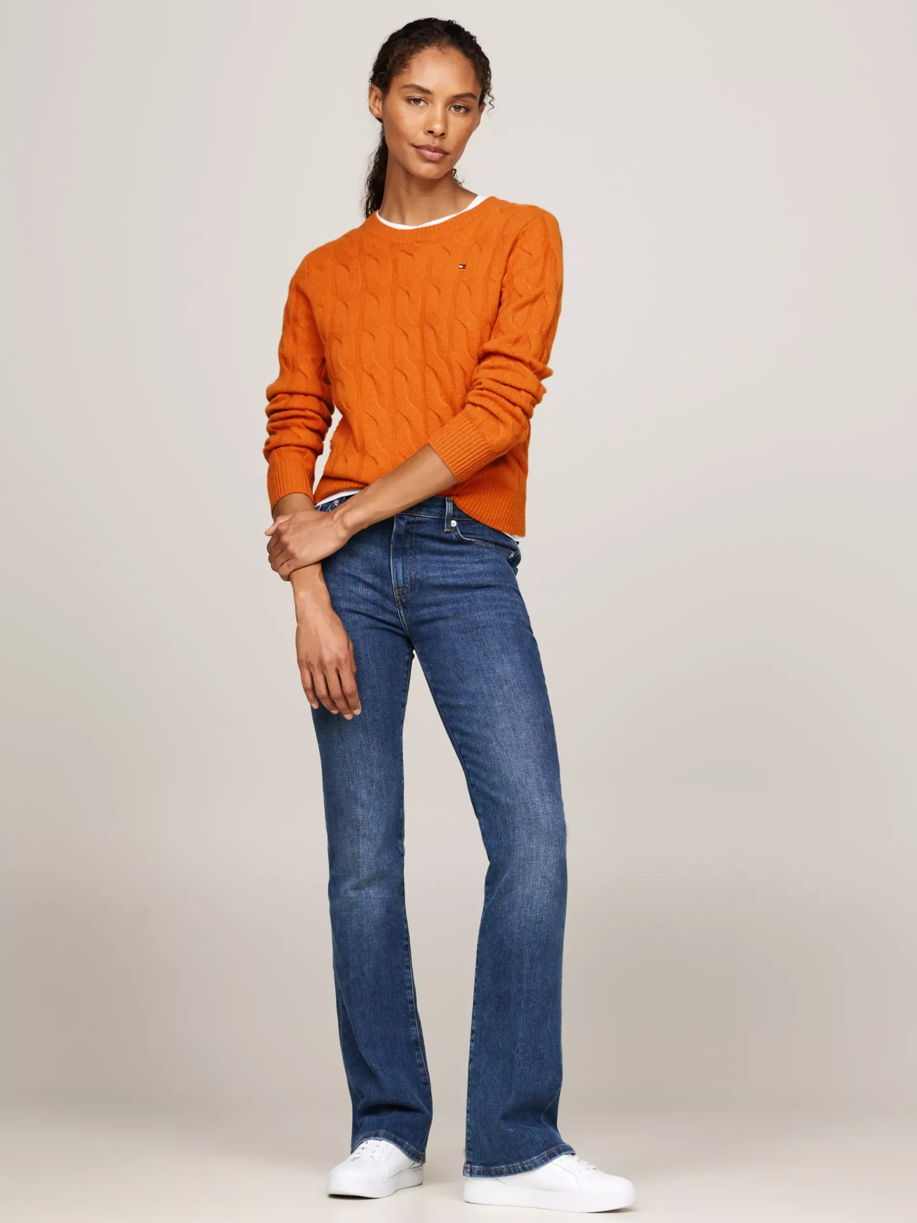 Swetry Z Okrągłym Dekoltem|Swetry*Tommy Hilfiger Wełniany Sweter Z Warkoczowym Splotem AUTUMN ORANGE