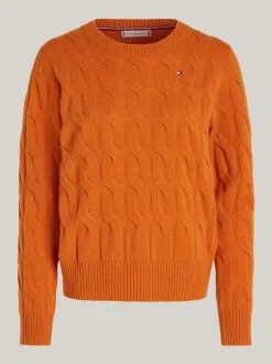 Swetry Z Okrągłym Dekoltem|Swetry*Tommy Hilfiger Wełniany Sweter Z Warkoczowym Splotem AUTUMN ORANGE