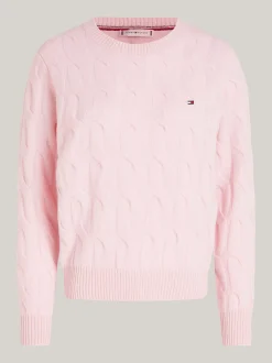 Swetry Z Okrągłym Dekoltem|Swetry*Tommy Hilfiger Wełniany Sweter Z Warkoczowym Splotem DELICATE PINK