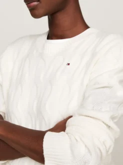 Swetry Z Okrągłym Dekoltem|Swetry*Tommy Hilfiger Wełniany Sweter Z Warkoczowym Splotem IVORY PETAL