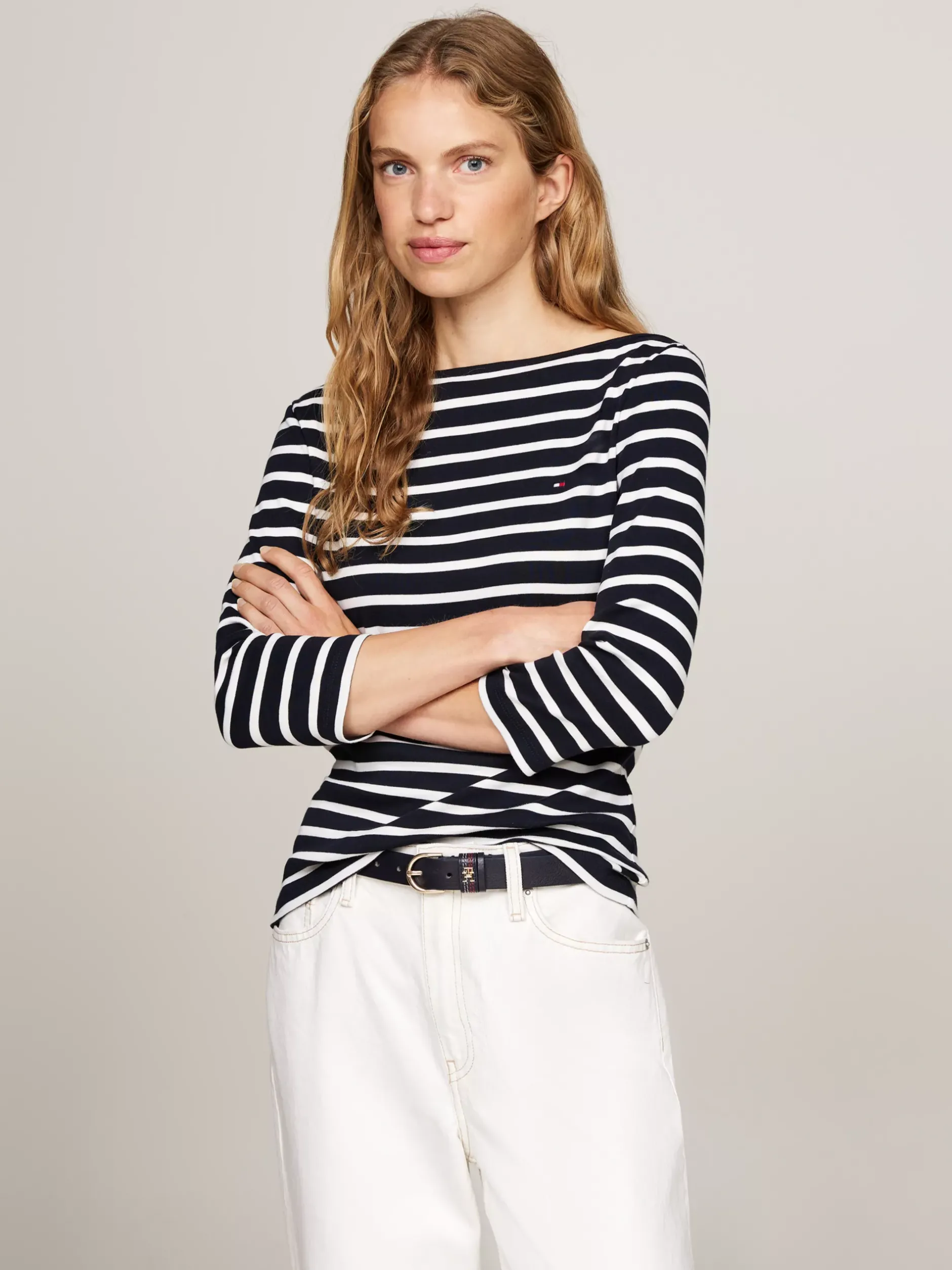 T-Shirty*Tommy Hilfiger Wąska Bluzka Z Dekoltem W łódkę I Rękawem 3/4 NOS BRETON DESERT SKY/ ECRU
