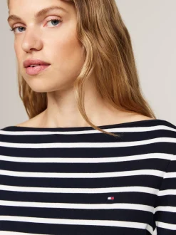 T-Shirty*Tommy Hilfiger Wąska Bluzka Z Dekoltem W łódkę I Rękawem 3/4 NOS BRETON DESERT SKY/ ECRU