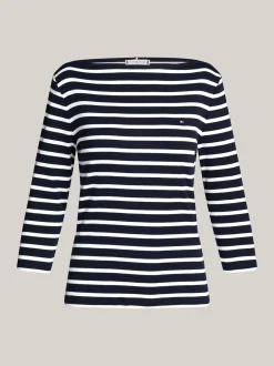 T-Shirty*Tommy Hilfiger Wąska Bluzka Z Dekoltem W łódkę I Rękawem 3/4 NOS BRETON DESERT SKY/ ECRU