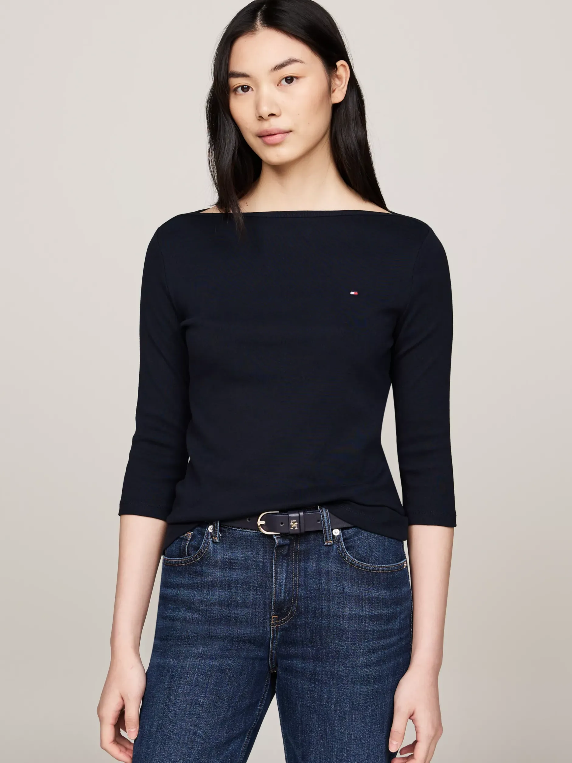 T-Shirty*Tommy Hilfiger Wąska Bluzka Z Dekoltem W łódkę I Rękawem 3/4 NOS DESERT SKY