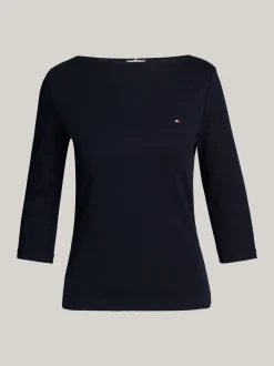 T-Shirty*Tommy Hilfiger Wąska Bluzka Z Dekoltem W łódkę I Rękawem 3/4 NOS DESERT SKY