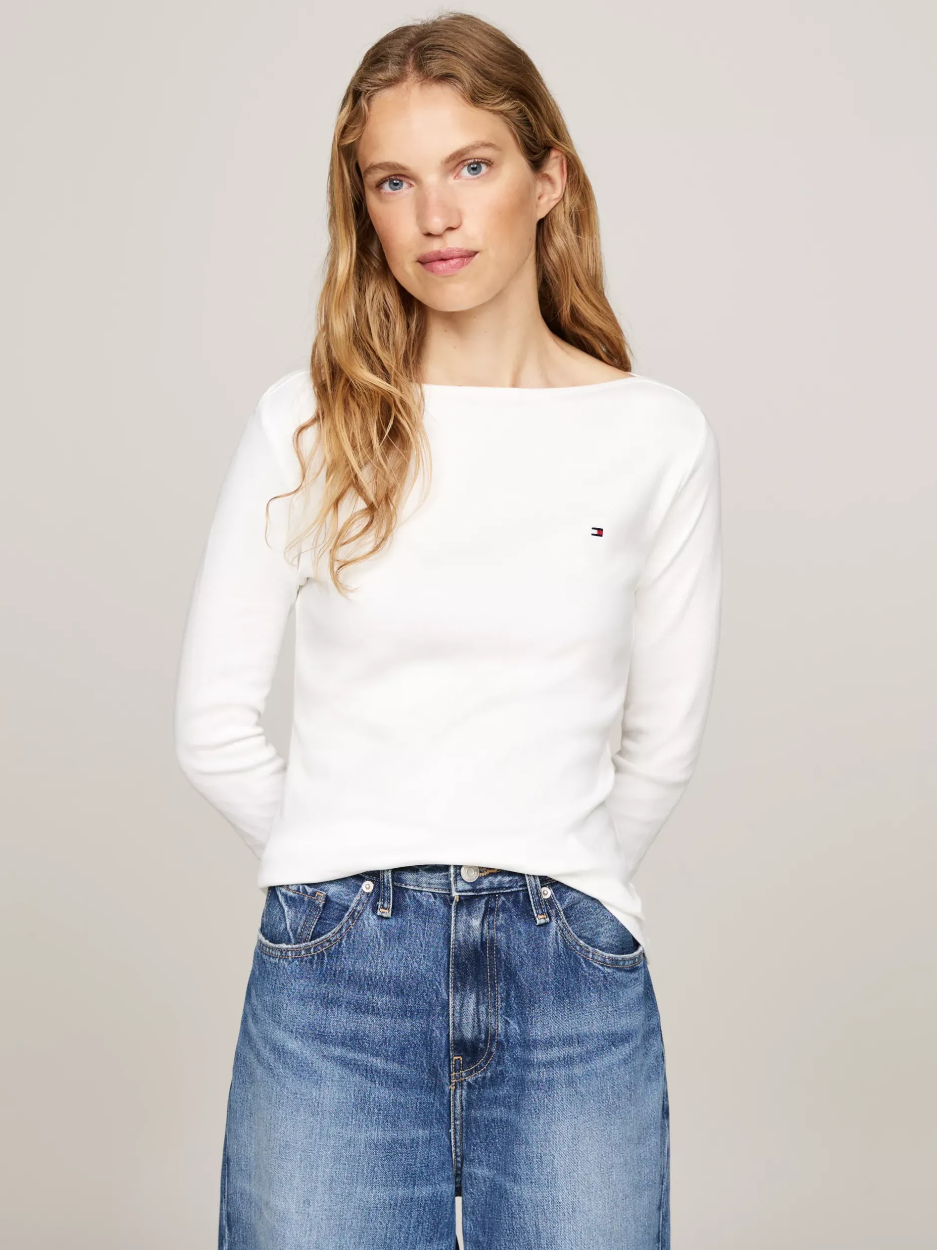 T-Shirty*Tommy Hilfiger Wąska Bluzka Z Dekoltem W łódkę I Rękawem 3/4 NOS ECRU