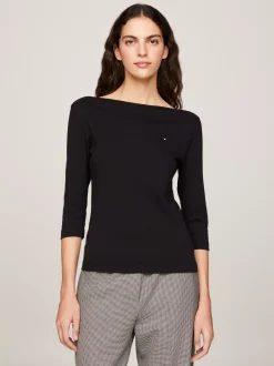 T-Shirty*Tommy Hilfiger Wąska Bluzka Z Dekoltem W łódkę I Rękawem 3/4 BLACK
