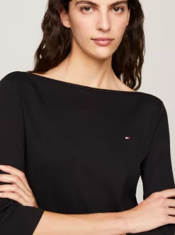 T-Shirty*Tommy Hilfiger Wąska Bluzka Z Dekoltem W łódkę I Rękawem 3/4 BLACK