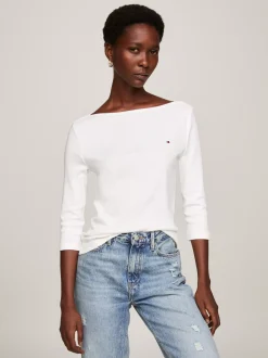 T-Shirty*Tommy Hilfiger Wąska Bluzka Z Dekoltem W łódkę I Rękawem 3/4 ECRU