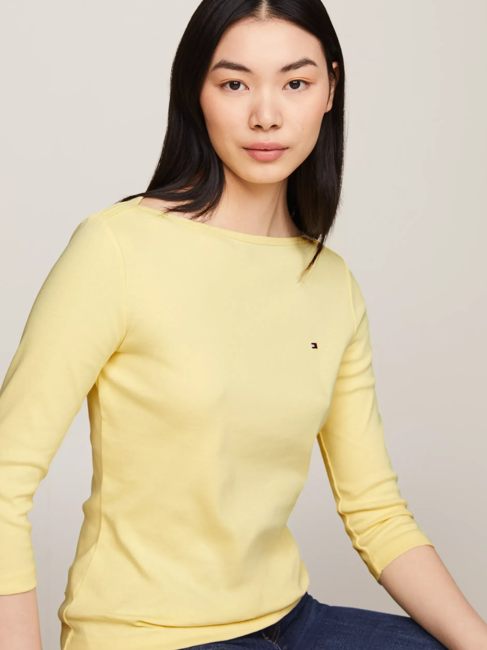 T-Shirty*Tommy Hilfiger Wąska Bluzka Z Dekoltem W łódkę I Rękawem 3/4 LEMON ZEST