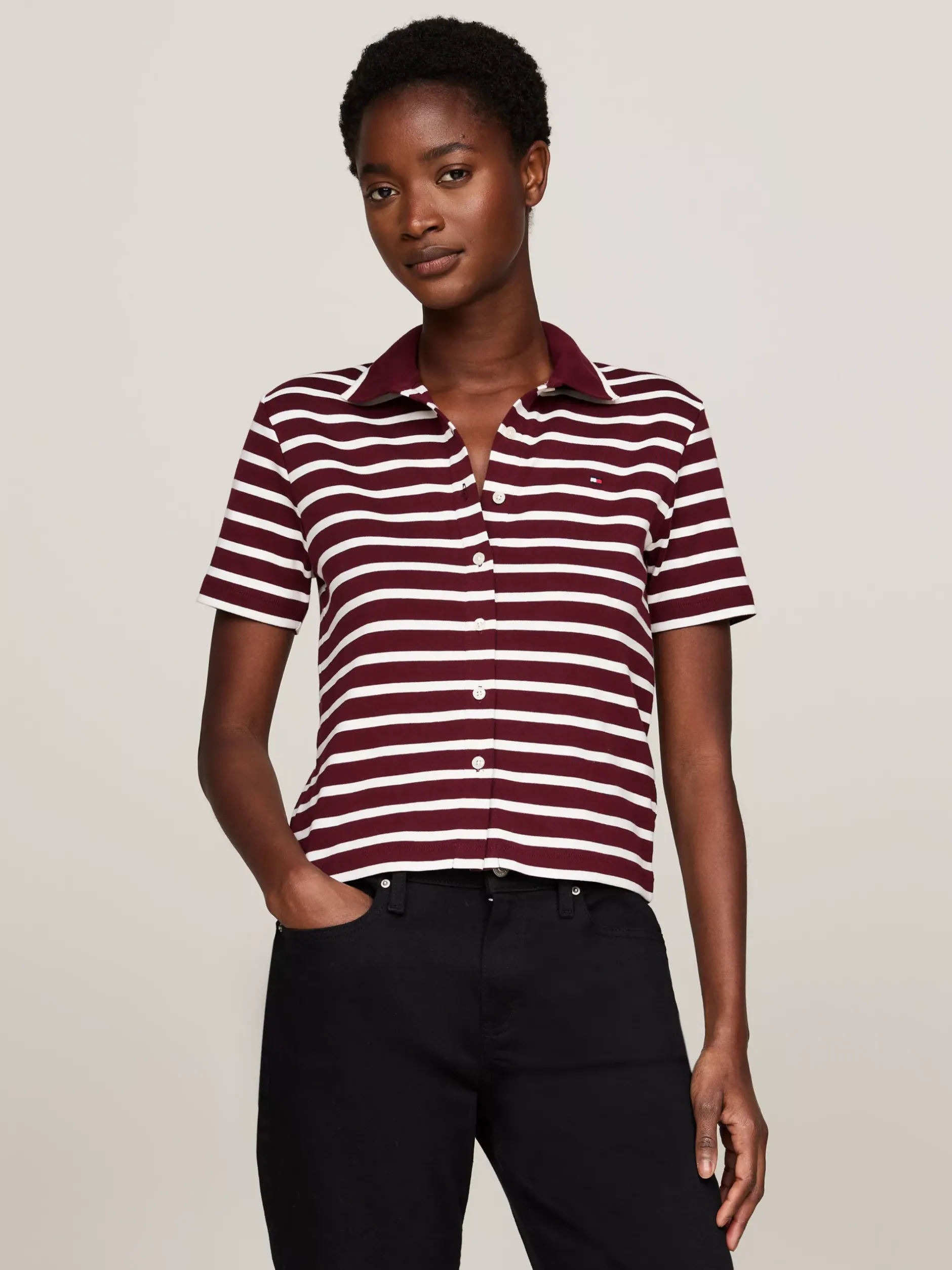 T-Shirty*Tommy Hilfiger Wąska Koszulka Polo Na Guziki BRETON STP DEEP ROUGE/ ECRU