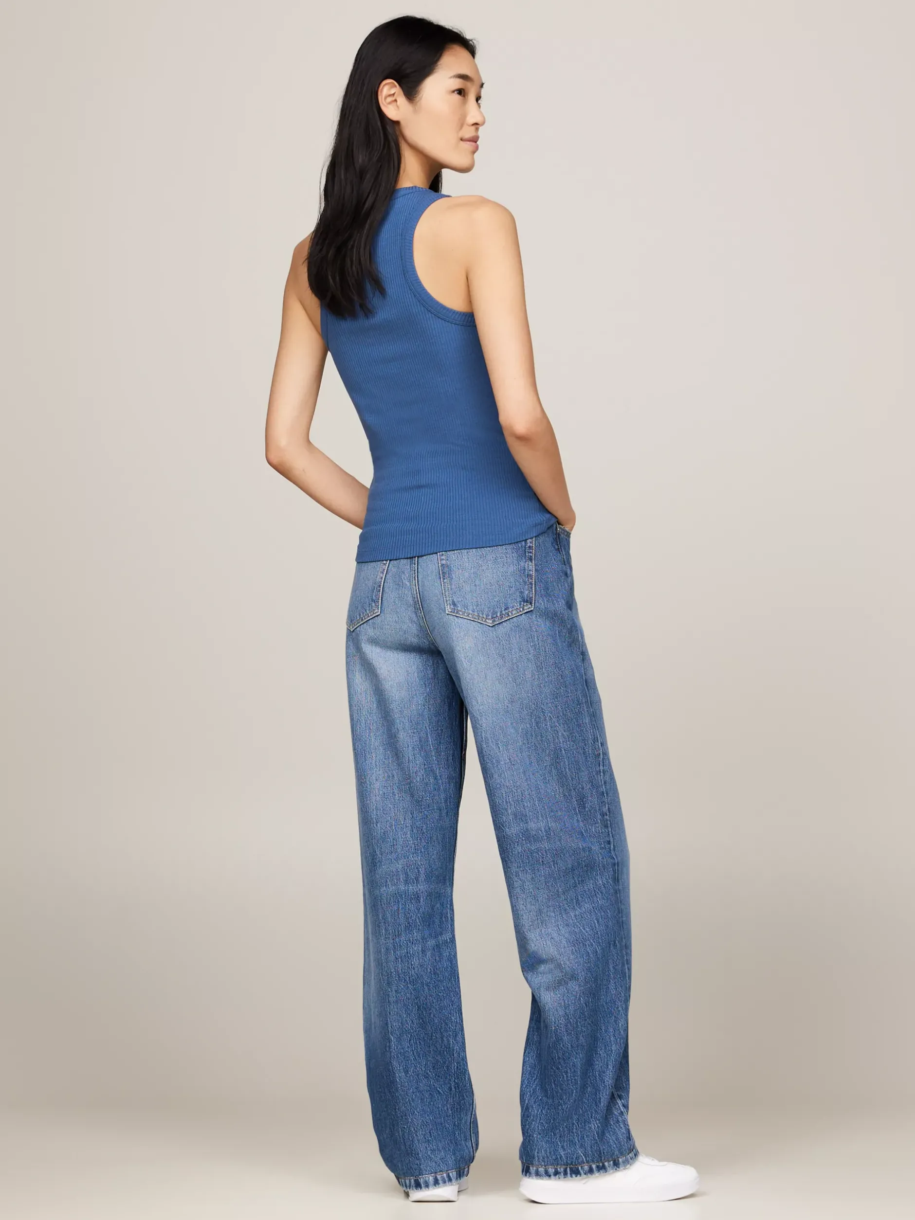 T-Shirty*Tommy Hilfiger Wąska Prążkowana Koszulka Na Ramiączkach FOSSIL BLUE