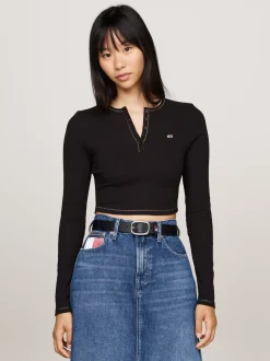 T-Shirty*Tommy Hilfiger Wąski Longsleeve Z Dekoltem Henley BLACK