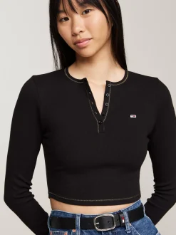 T-Shirty*Tommy Hilfiger Wąski Longsleeve Z Dekoltem Henley BLACK