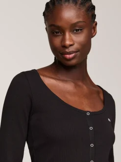 T-Shirty*Tommy Hilfiger Wąski Longsleeve Z Zapięciem Na Zatrzaski BLACK