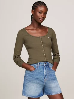 T-Shirty*Tommy Hilfiger Wąski Longsleeve Z Zapięciem Na Zatrzaski FATIGUE GREEN