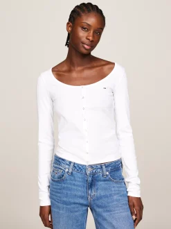 T-Shirty*Tommy Hilfiger Wąski Longsleeve Z Zapięciem Na Zatrzaski WHITE