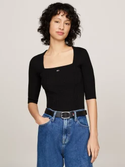Swetry Z Okrągłym Dekoltem|Swetry*Tommy Hilfiger Wąski Sweter Z Kwadratowym Dekoltem BLACK