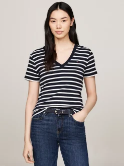 T-Shirty*Tommy Hilfiger Wąski T-shirt Z Dekoltem W Szpic NOS BRETON DESERT SKY/ ECRU