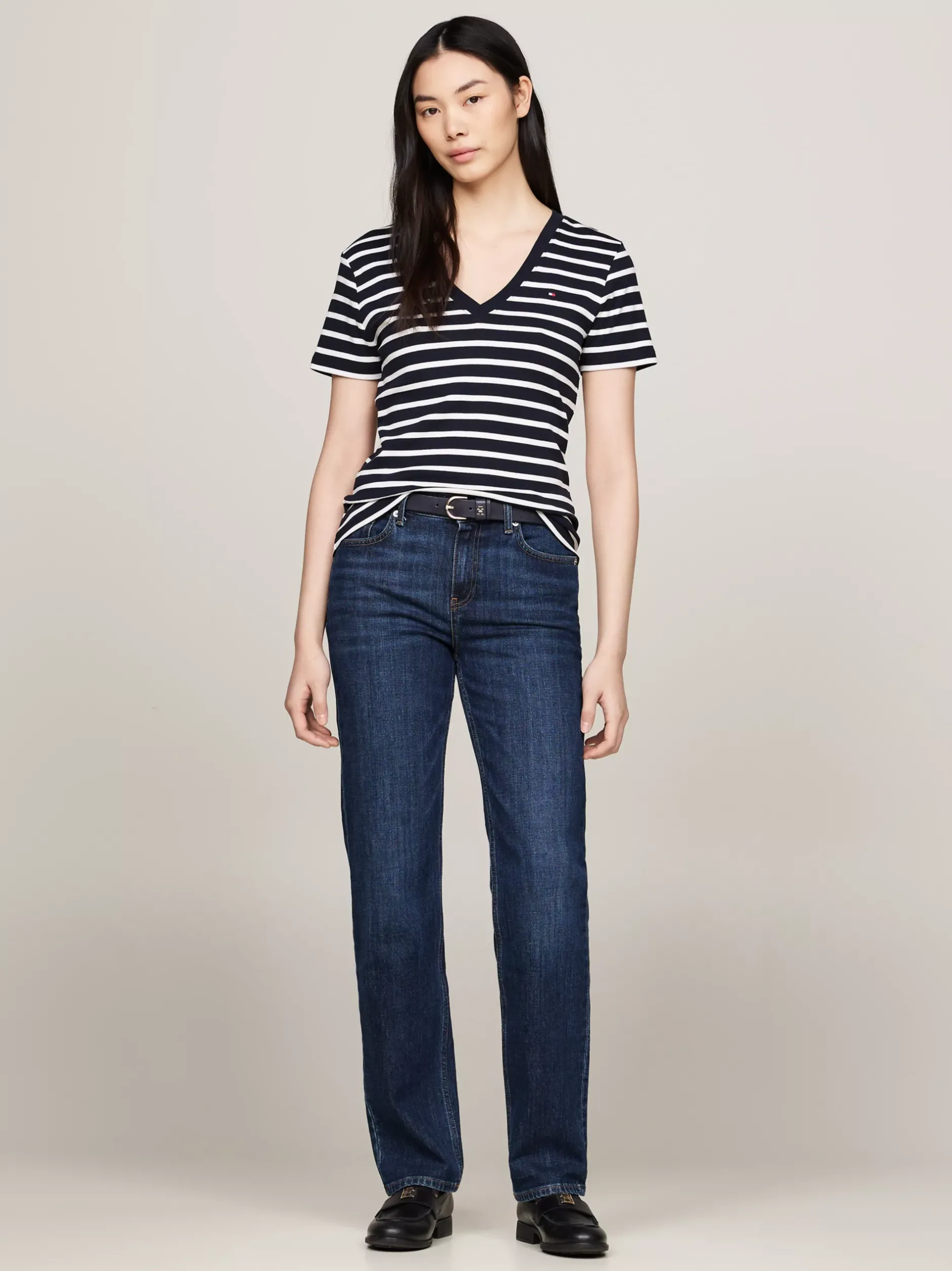 T-Shirty*Tommy Hilfiger Wąski T-shirt Z Dekoltem W Szpic NOS BRETON DESERT SKY/ ECRU