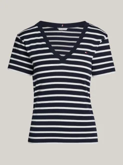 T-Shirty*Tommy Hilfiger Wąski T-shirt Z Dekoltem W Szpic NOS BRETON DESERT SKY/ ECRU