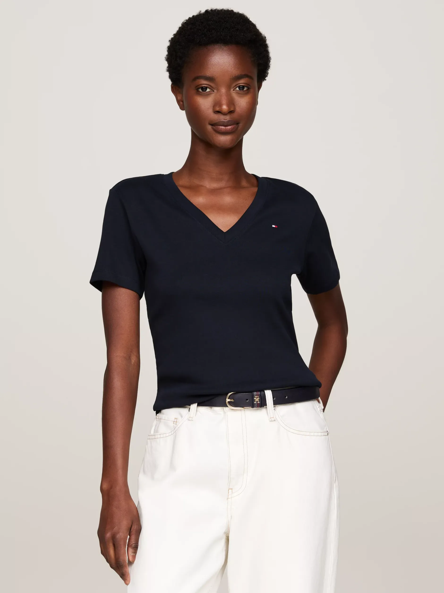 T-Shirty*Tommy Hilfiger Wąski T-shirt Z Dekoltem W Szpic NOS DESERT SKY