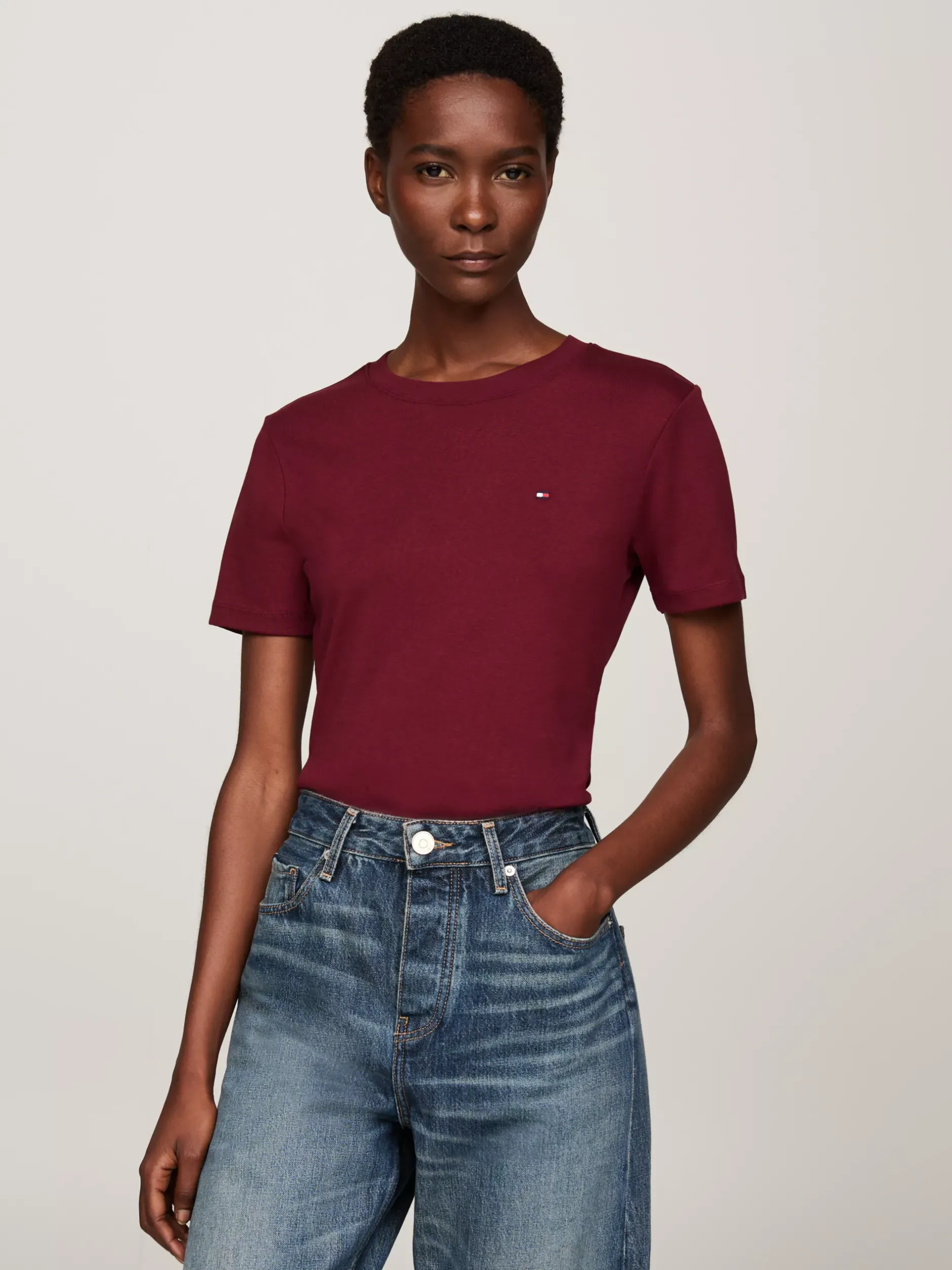 T-Shirty*Tommy Hilfiger Wąski T-shirt Z Okrągłym Dekoltem DEEP ROUGE