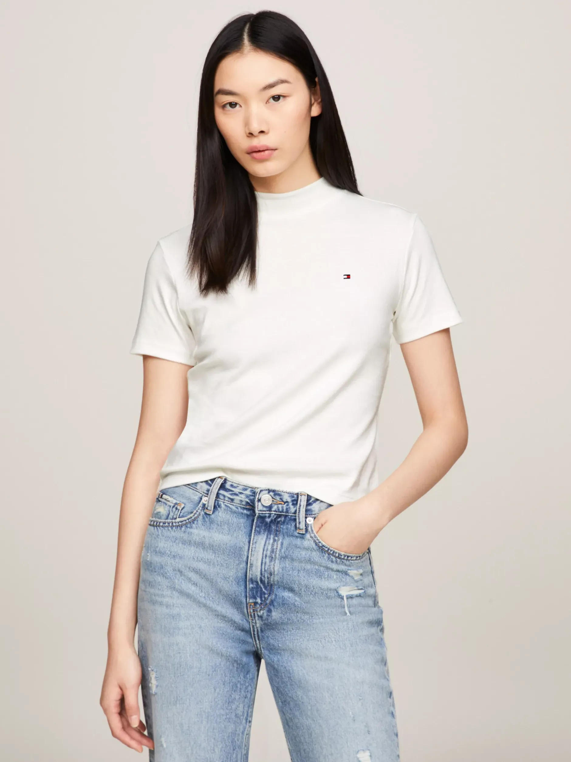 T-Shirty*Tommy Hilfiger Wąski T-shirt Z Półgolfem ECRU