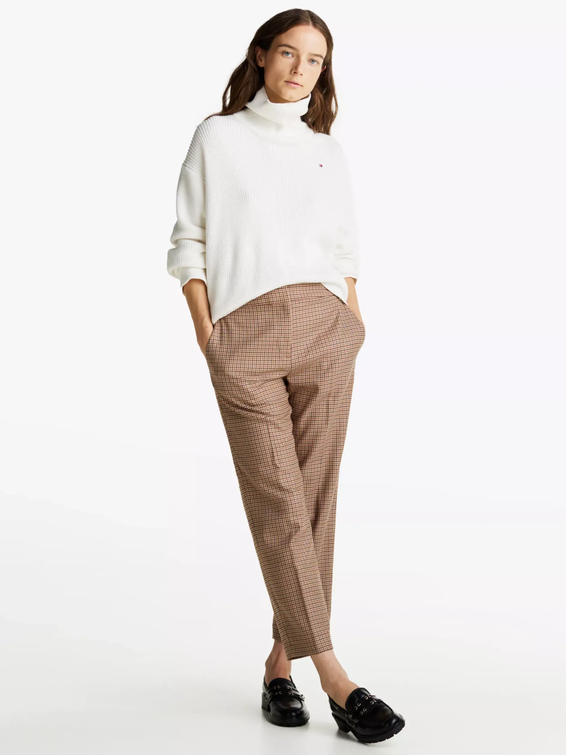 Spodnie*Tommy Hilfiger Wąskie Spodnie Z Prostymi Nogawkami W Kratę BROWN HOUNDSTOOTH
